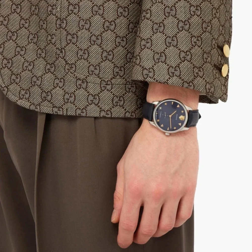 $3950 Gucci G-Timeless 40mm Charm Dial Automatic Watch, Deep Navy Blue